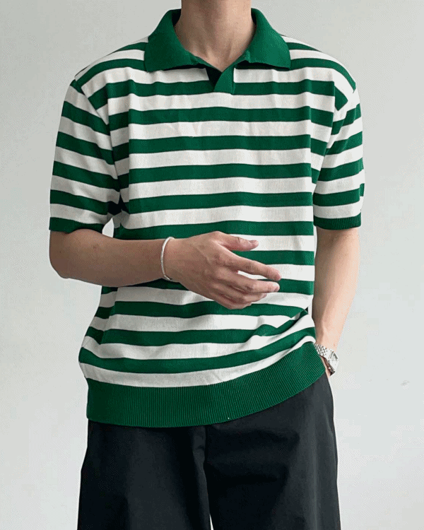 Stripe Open Collar Half Knit (3color)