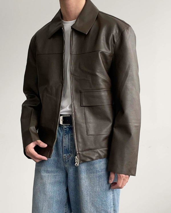 2way Vegan Pocket Leather Jacket (3color)